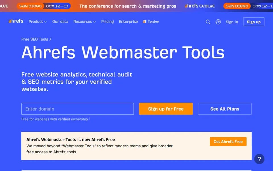 Ahrefs Webmaster Tools homepage