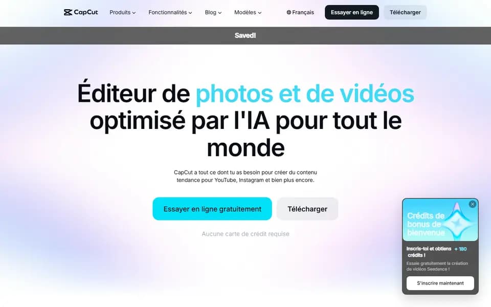 Page d'accueil de CapCut