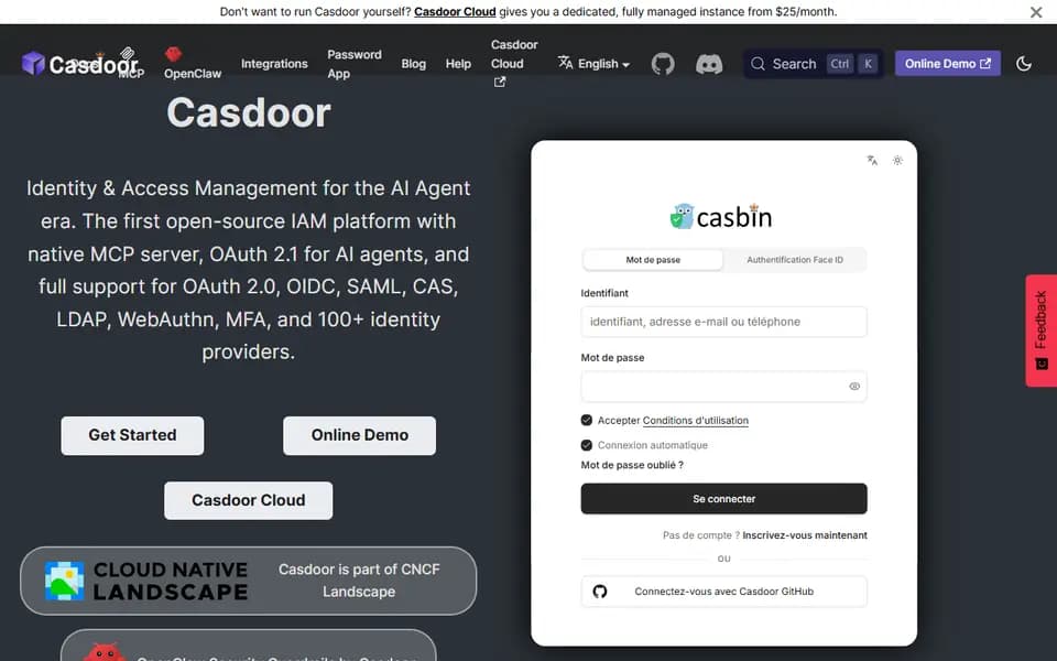 Page d'accueil de Casdoor