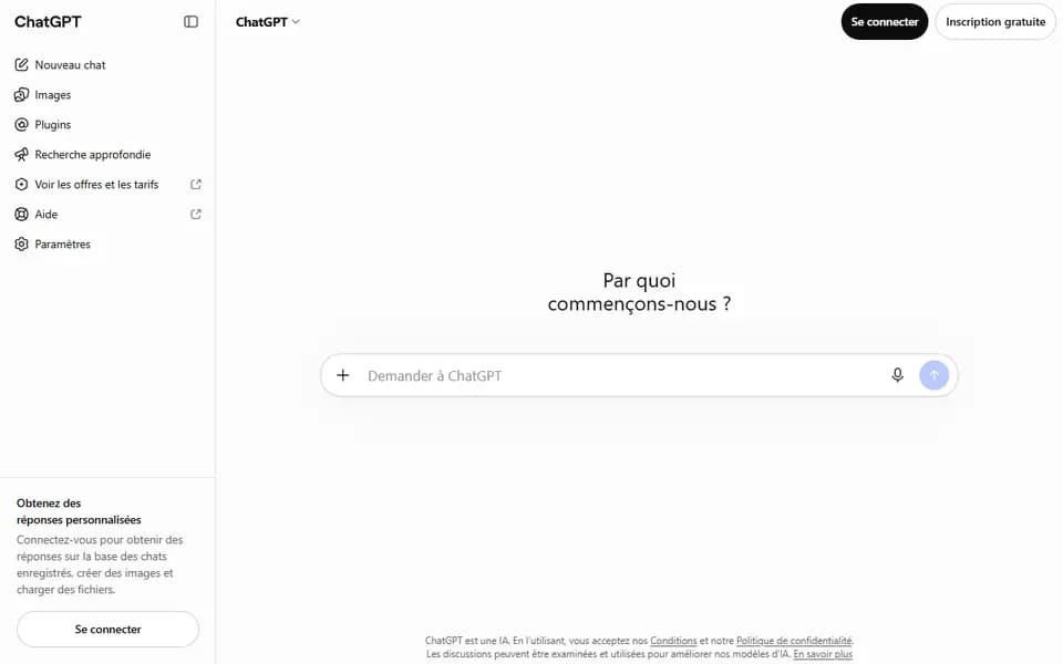 Page d'accueil de ChatGPT