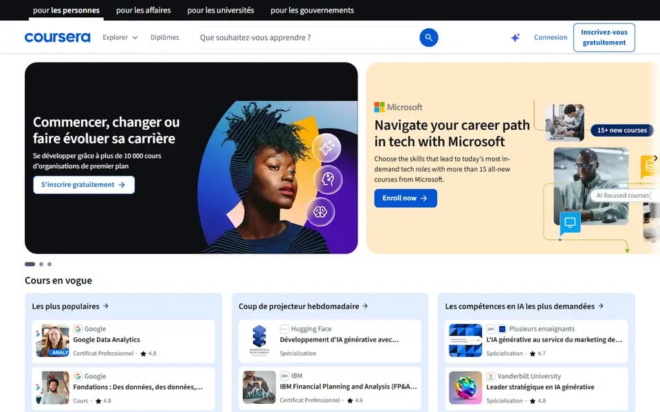 Page d'accueil de Coursera