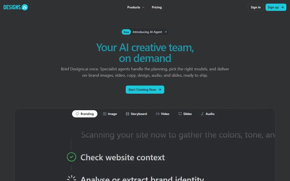 Page d'accueil de Designs.ai
