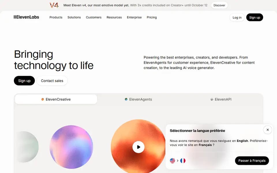 Page d'accueil de ElevenLabs