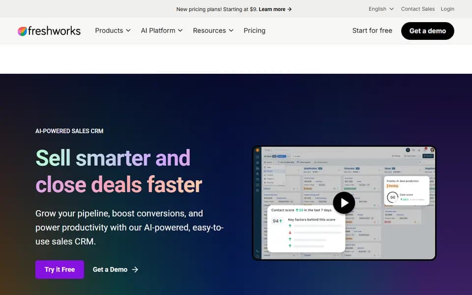 Page d'accueil de Freshsales