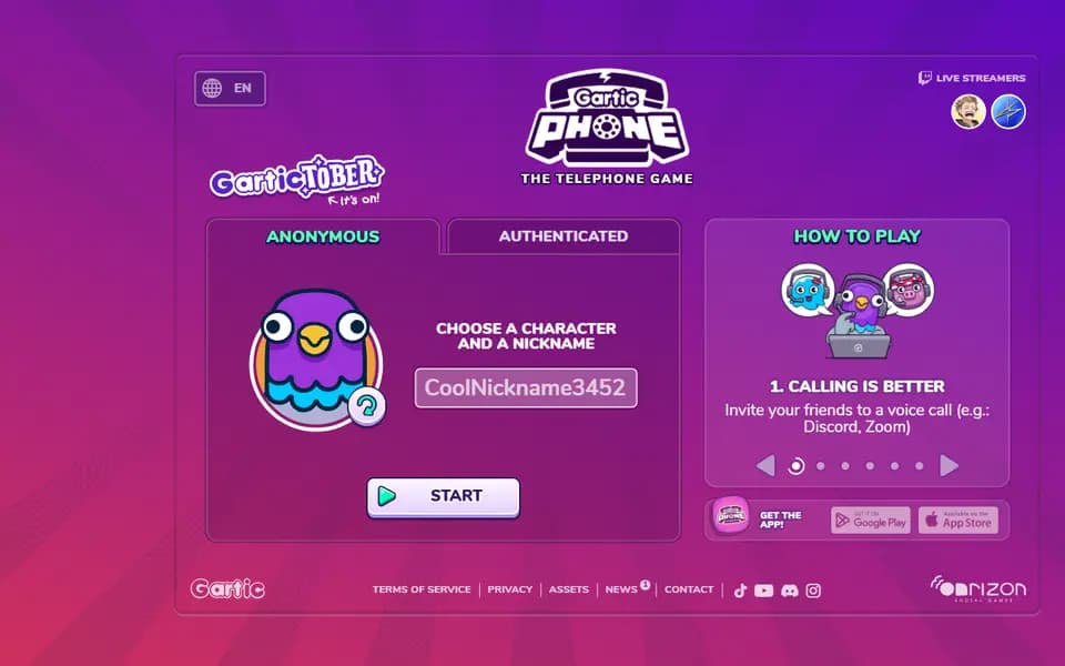 Page d'accueil de Gartic Phone