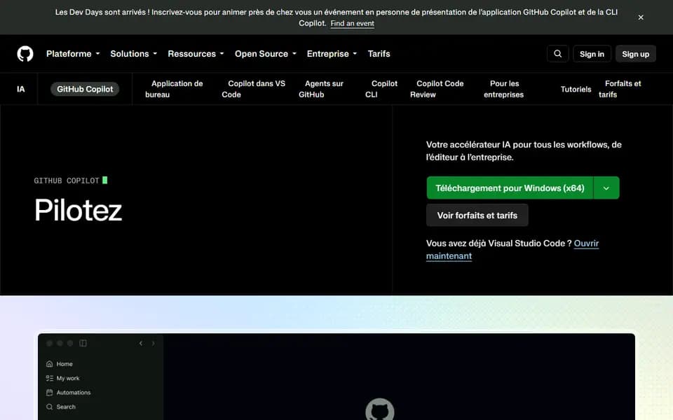 Page d'accueil de GitHub Copilot