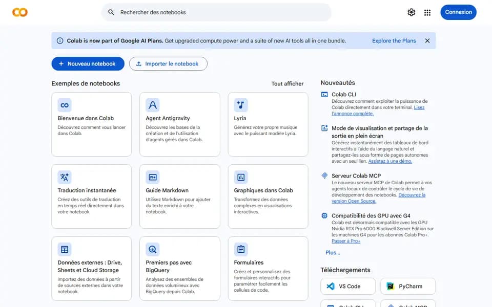 Google Colab homepage