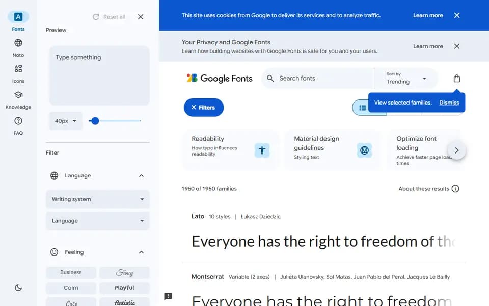 Page d'accueil de Google Fonts