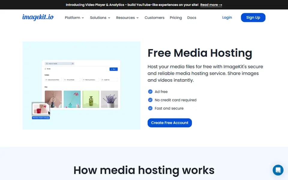 Page d'accueil de ImageKit Free Media Hosting