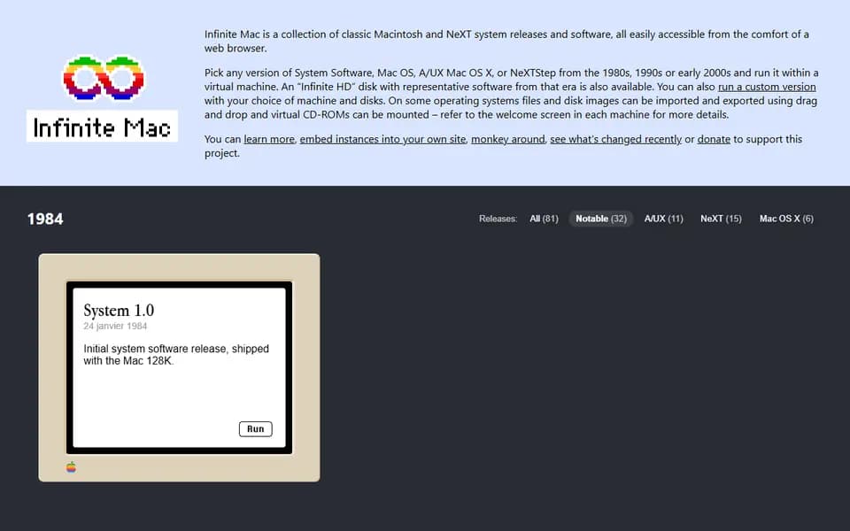 Page d'accueil de Infinite Mac