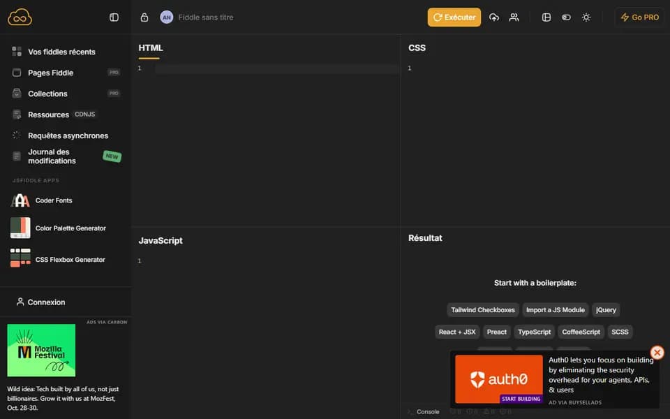 Page d'accueil de JSFiddle