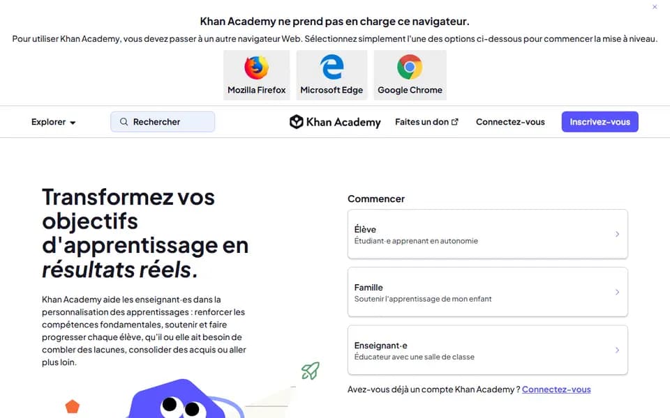 Page d'accueil de Khan Academy