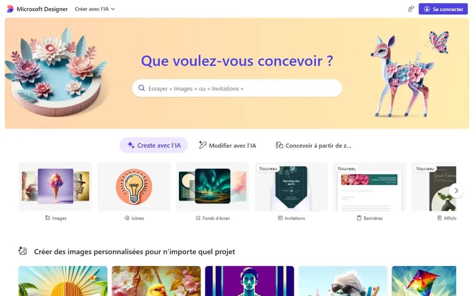 Page d'accueil de Microsoft Designer