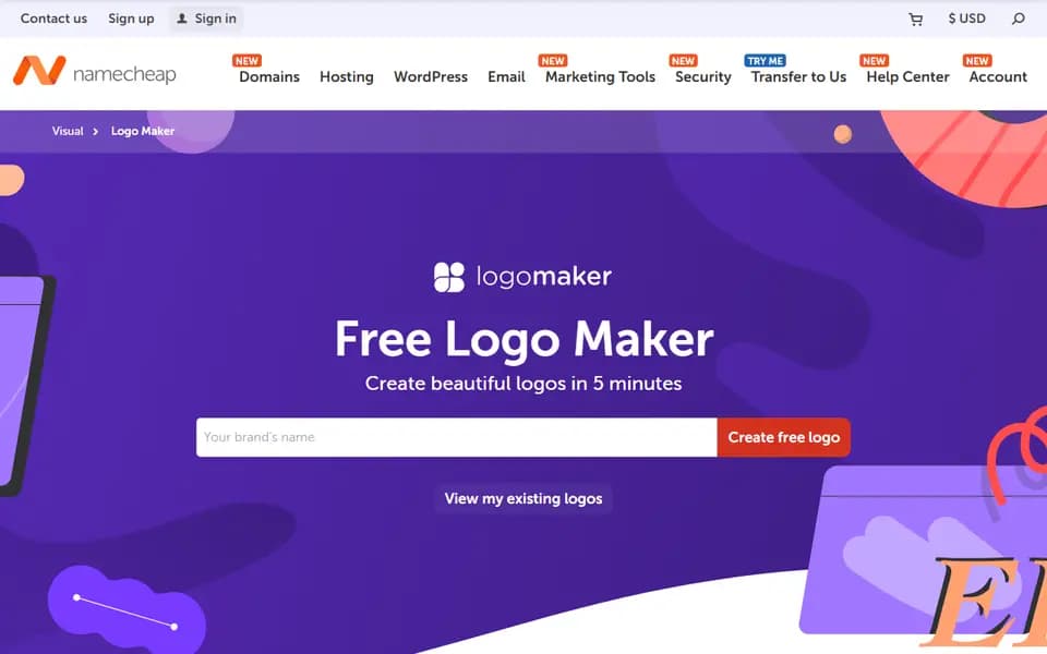 Page d'accueil de Namecheap Logo Maker