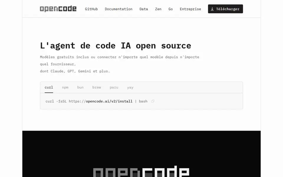 Page d'accueil de OpenCode