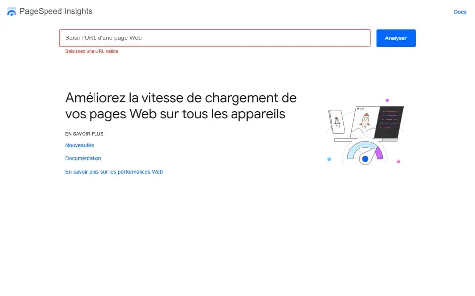 Page d'accueil de PageSpeed Insights