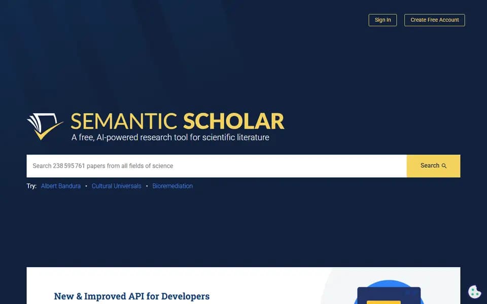 Page d'accueil de Semantic Scholar