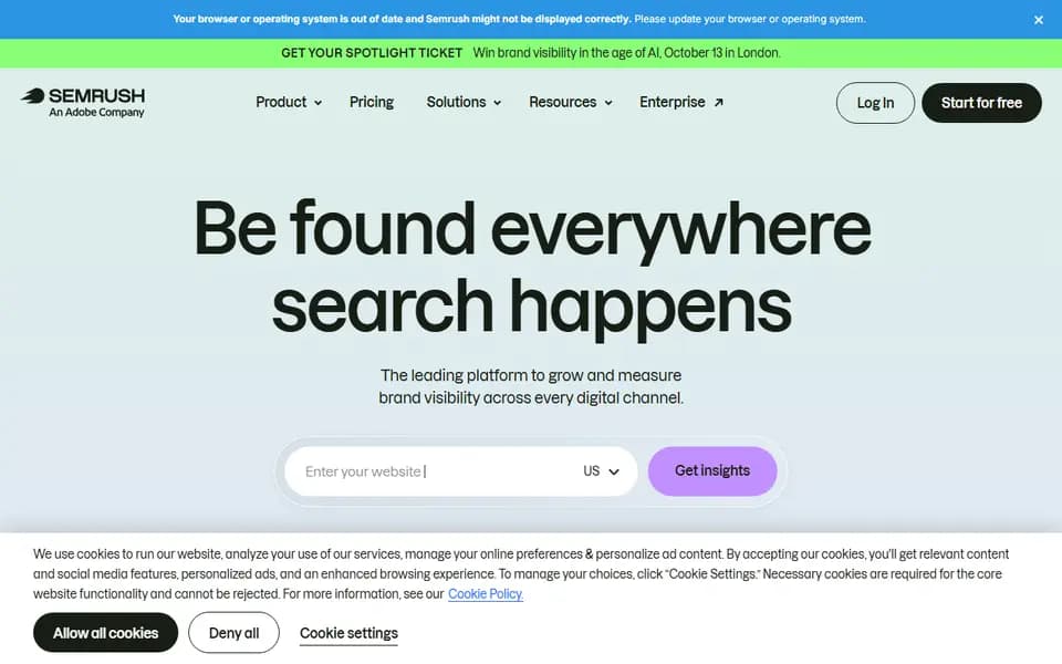 Page d'accueil de Semrush