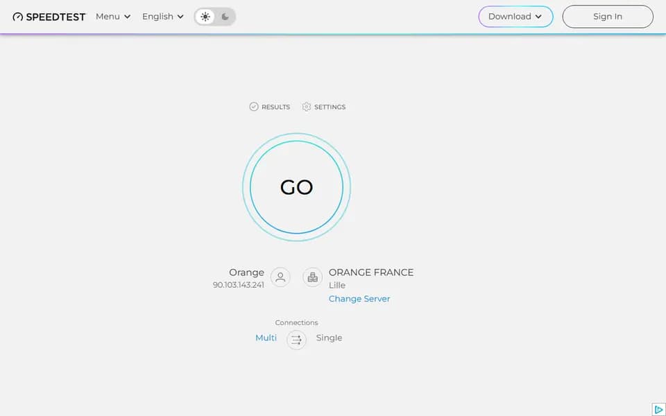Page d'accueil de Speedtest