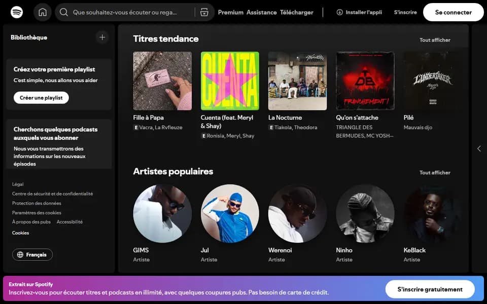 Page d'accueil de Spotify