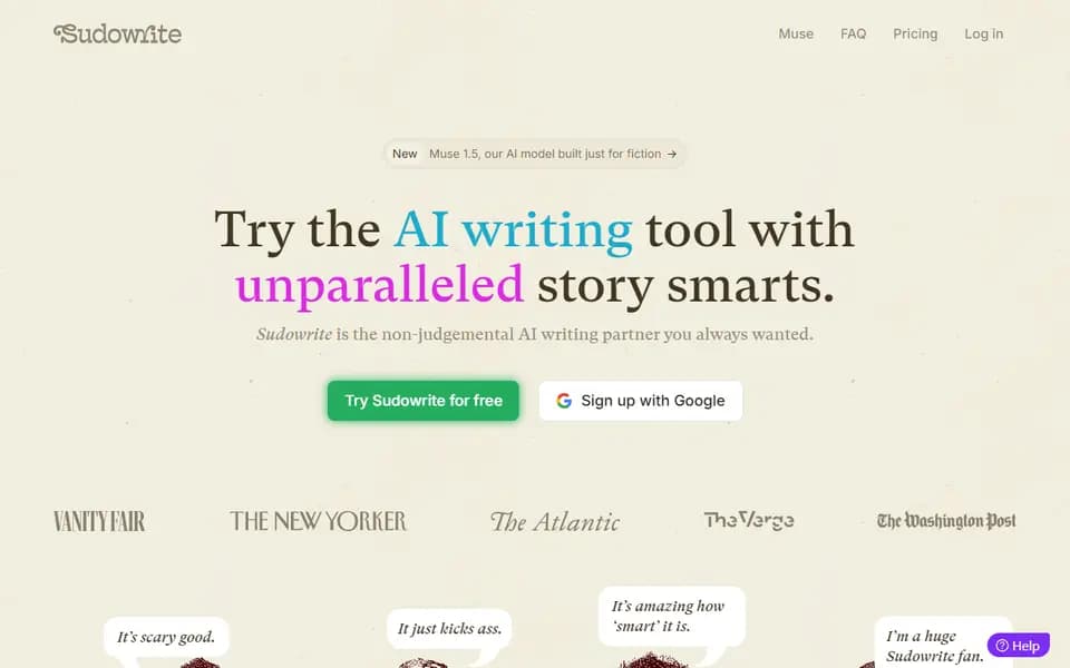 Page d'accueil de Sudowrite