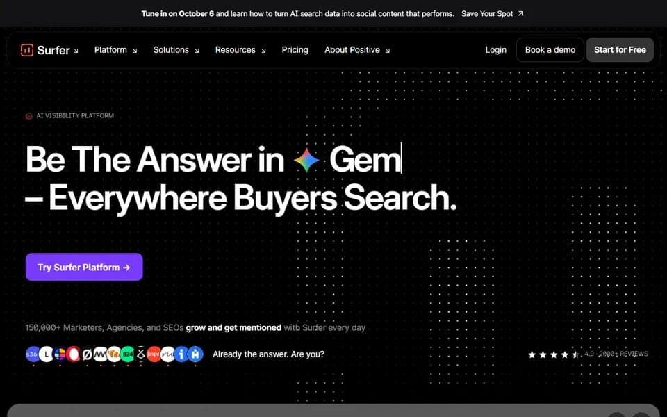 Page d'accueil de Surfer SEO