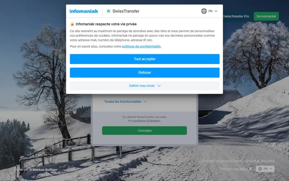 Page d'accueil de SwissTransfer