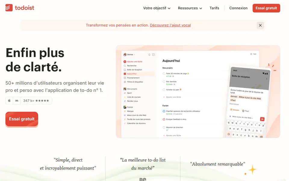 Page d'accueil de Todoist