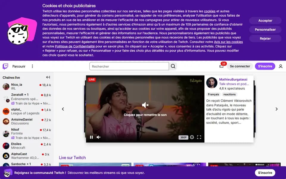 Page d'accueil de Twitch