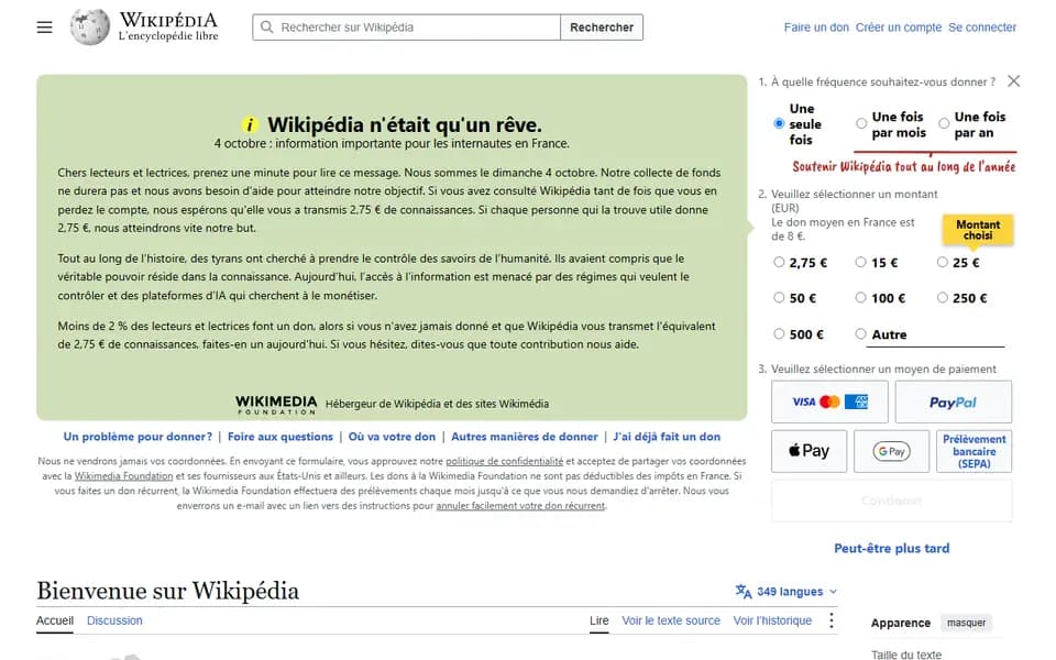 Page d'accueil de Wikipédia
