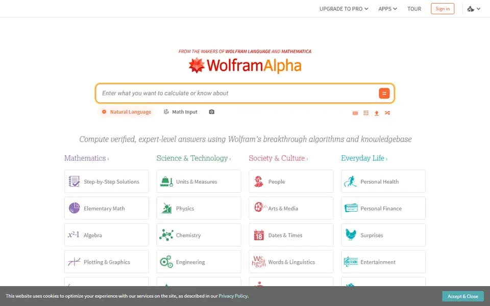 Page d'accueil de WolframAlpha