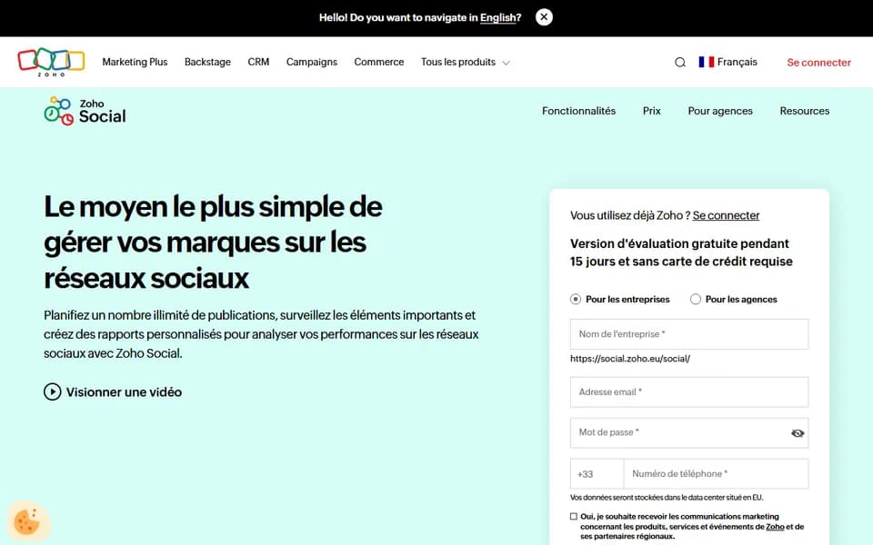 Zoho Social homepage